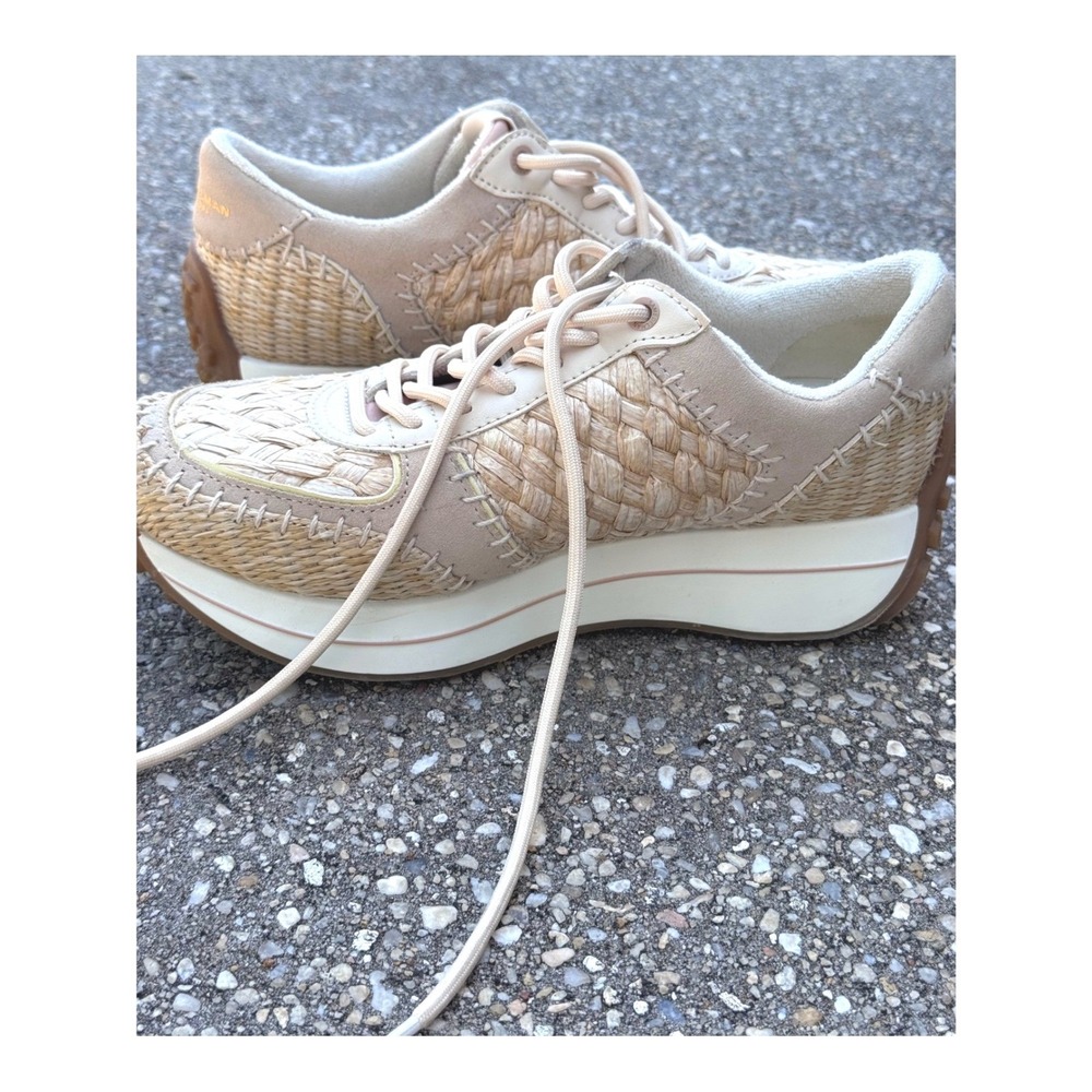 Sam Edelman Leather Woven Raffia Beige Platform Sneakers 9M Elevated Streetwear